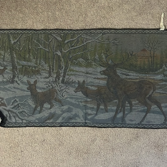 Vintage 70s B.M.S. Deers Winter Woods Velvet Tapestry - Picture 5 of 7